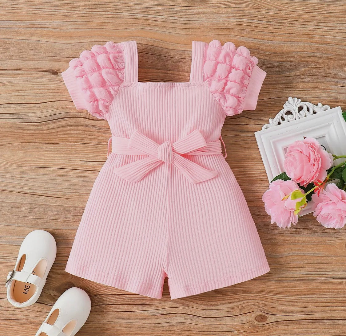 Baby Girl Puff-Sleeve Solid Color Jumpsuit