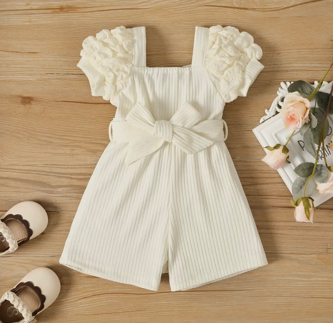 Baby Girl Puff-Sleeve Solid Color Jumpsuit