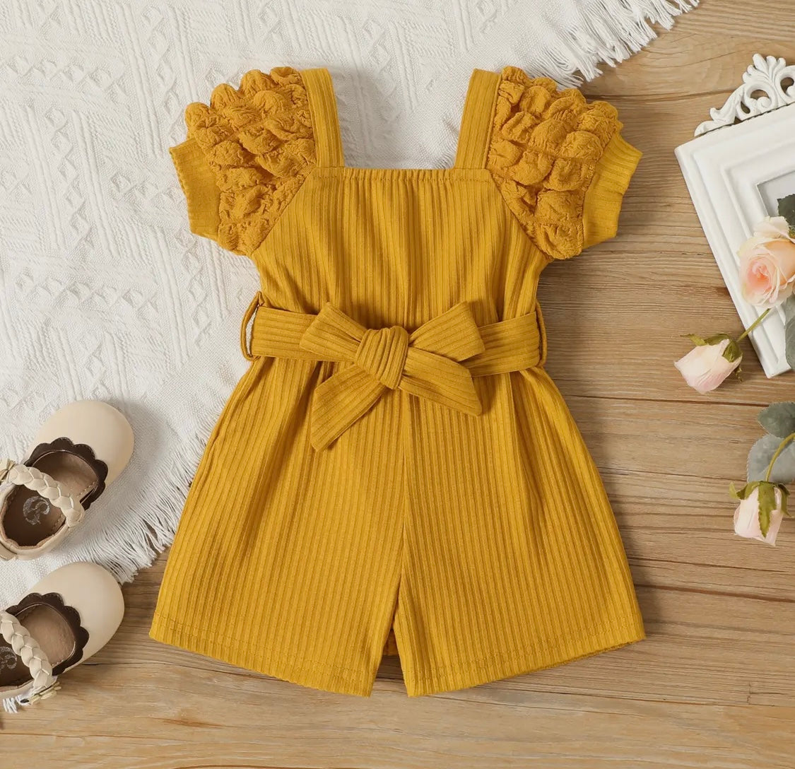 Baby Girl Puff-Sleeve Solid Color Jumpsuit