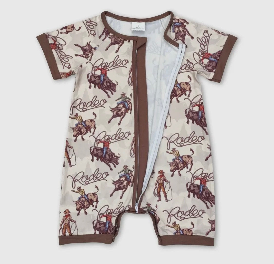 Short Sleeves Rodeo Western Baby Boy Zipper Romper