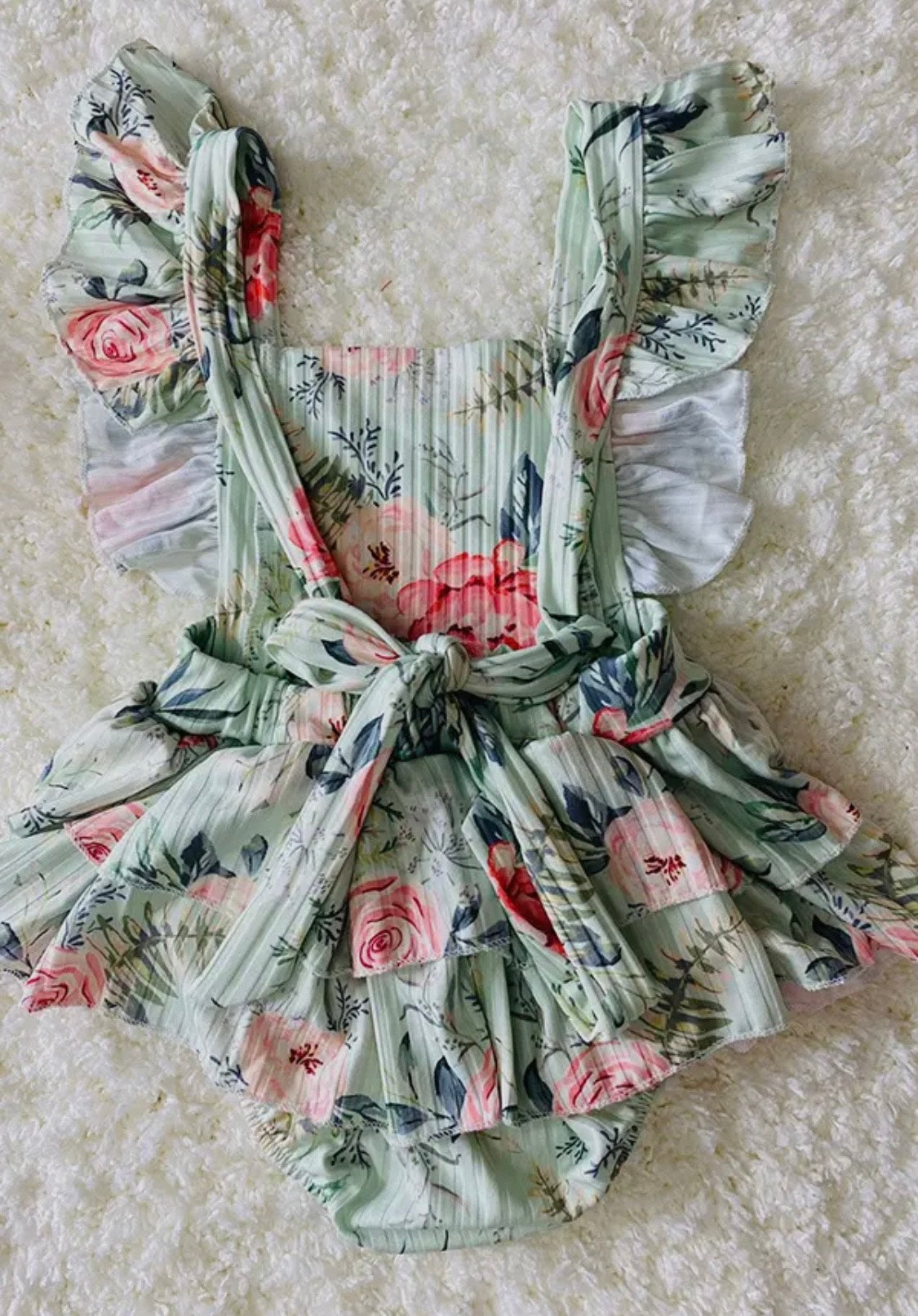 Aqua Floral Print Ruffle Baby Romper W/Headband