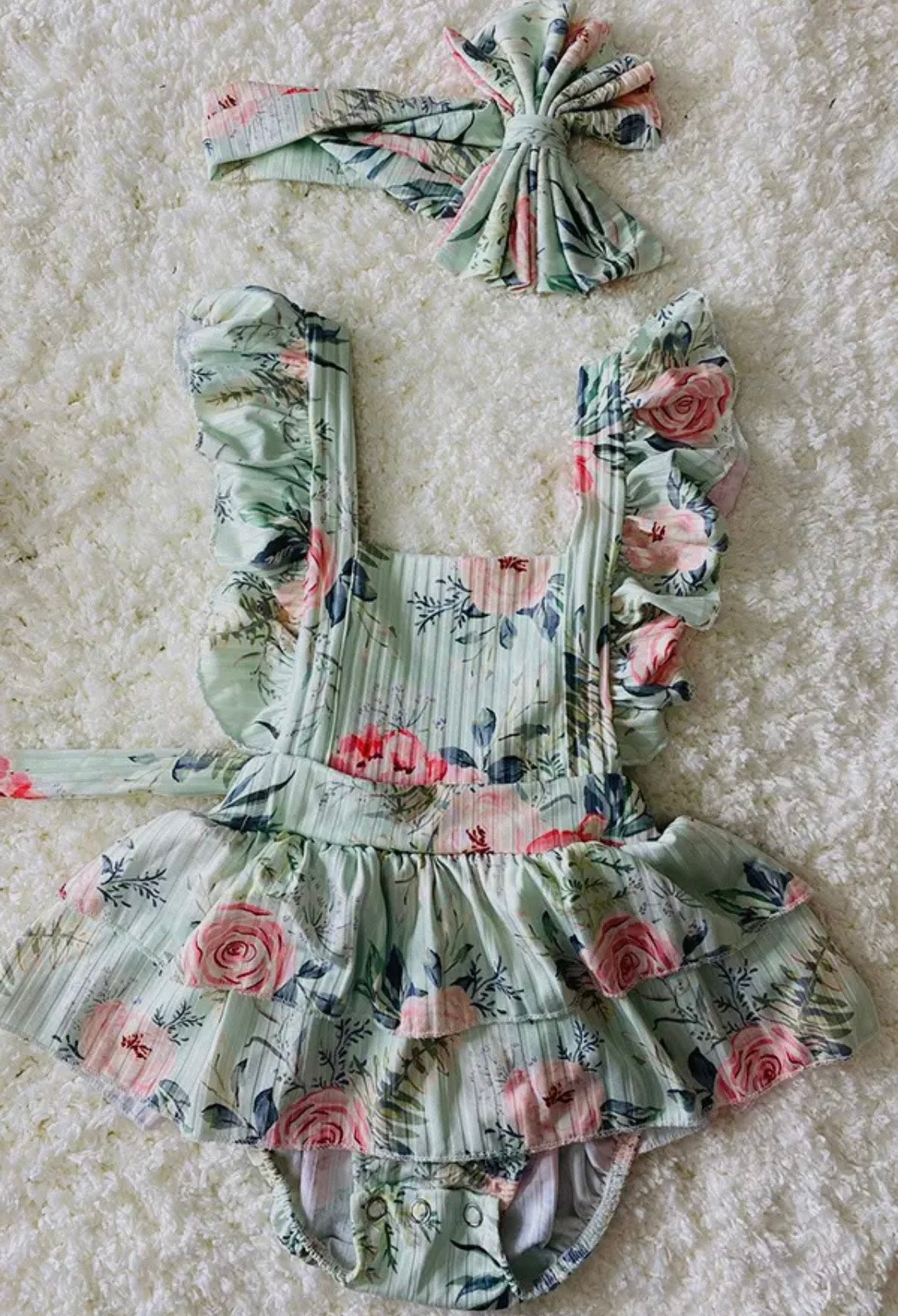 Aqua Floral Print Ruffle Baby Romper W/Headband