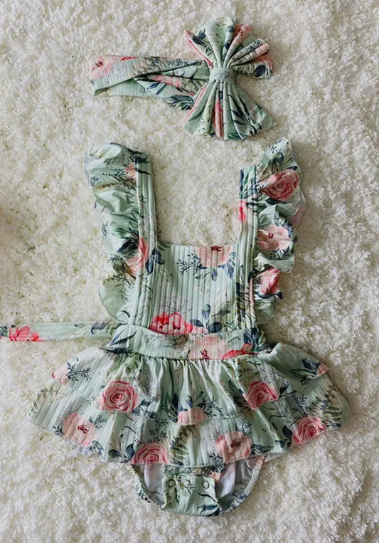 Aqua Floral Print Ruffle Baby Romper W/Headband