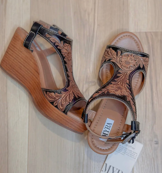 Tooled Leather Wedge Sandals