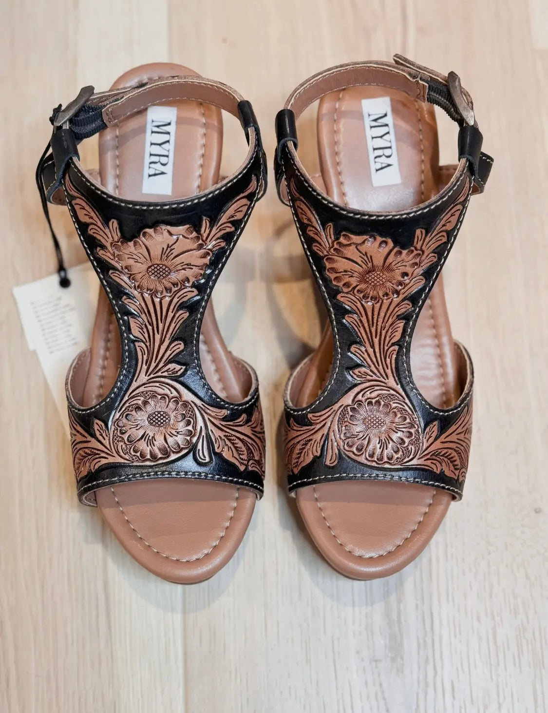 Tooled Leather Wedge Sandals