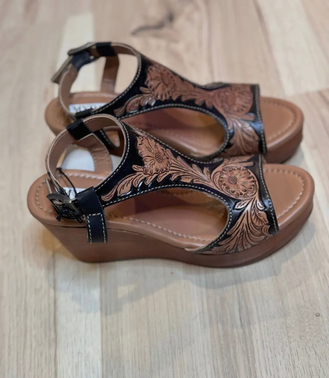 Tooled Leather Wedge Sandals