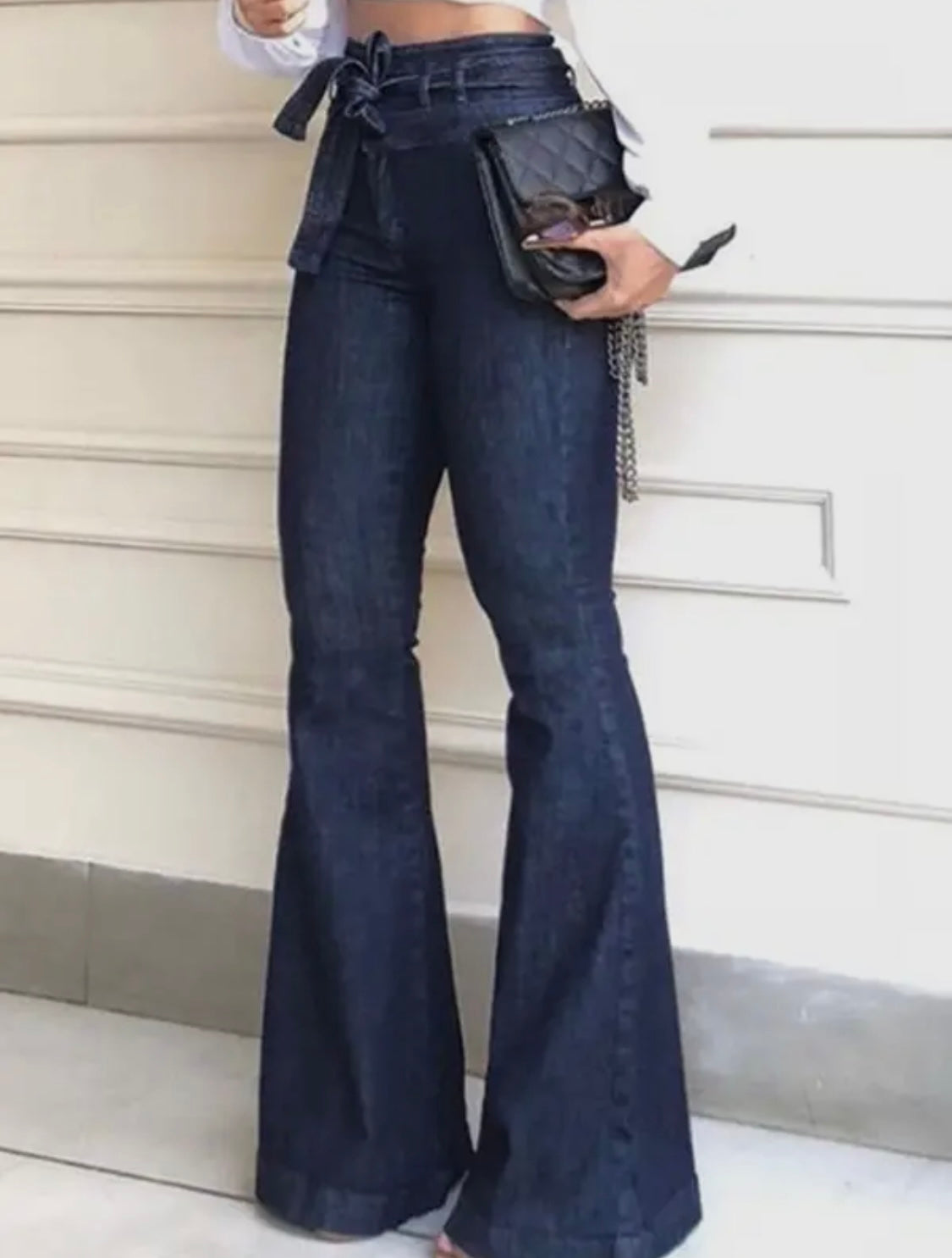 Flared Pants High Waisted Solid Color Tied Waist Jean Pants Bottoms