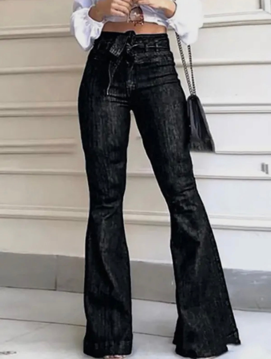 Flared Pants High Waisted Solid Color Tied Waist Jean Pants Bottoms