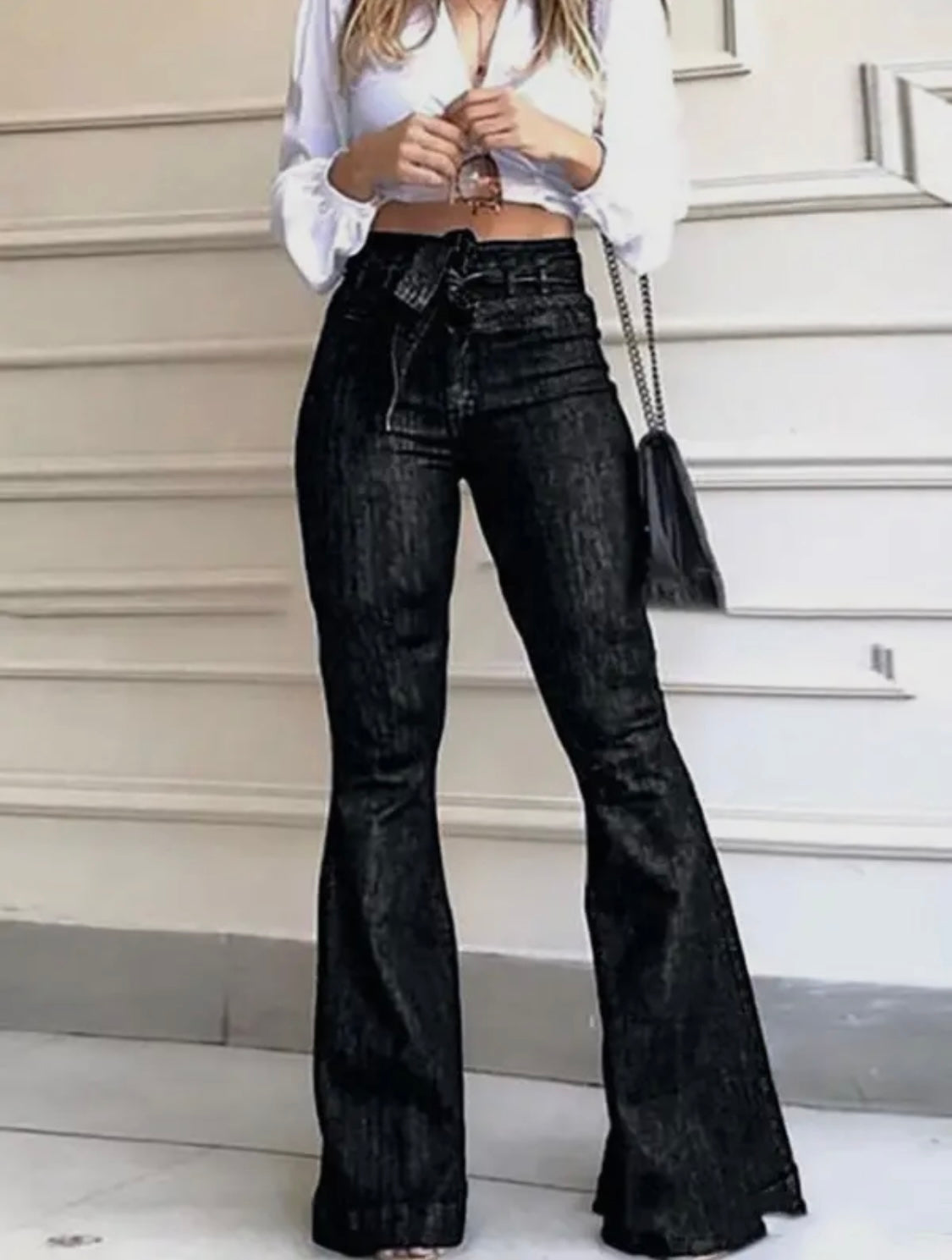 Flared Pants High Waisted Solid Color Tied Waist Jean Pants Bottoms