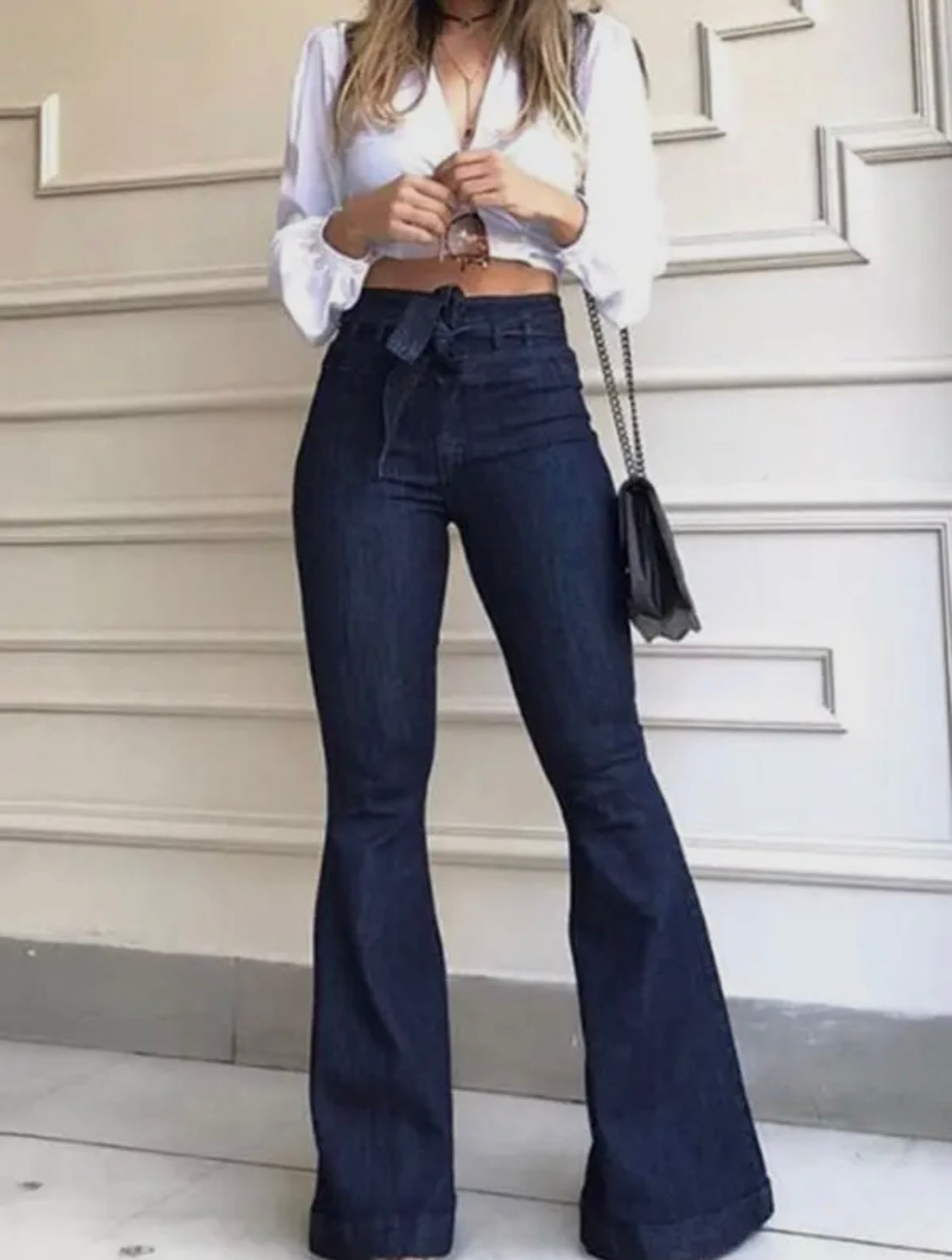 Flared Pants High Waisted Solid Color Tied Waist Jean Pants Bottoms