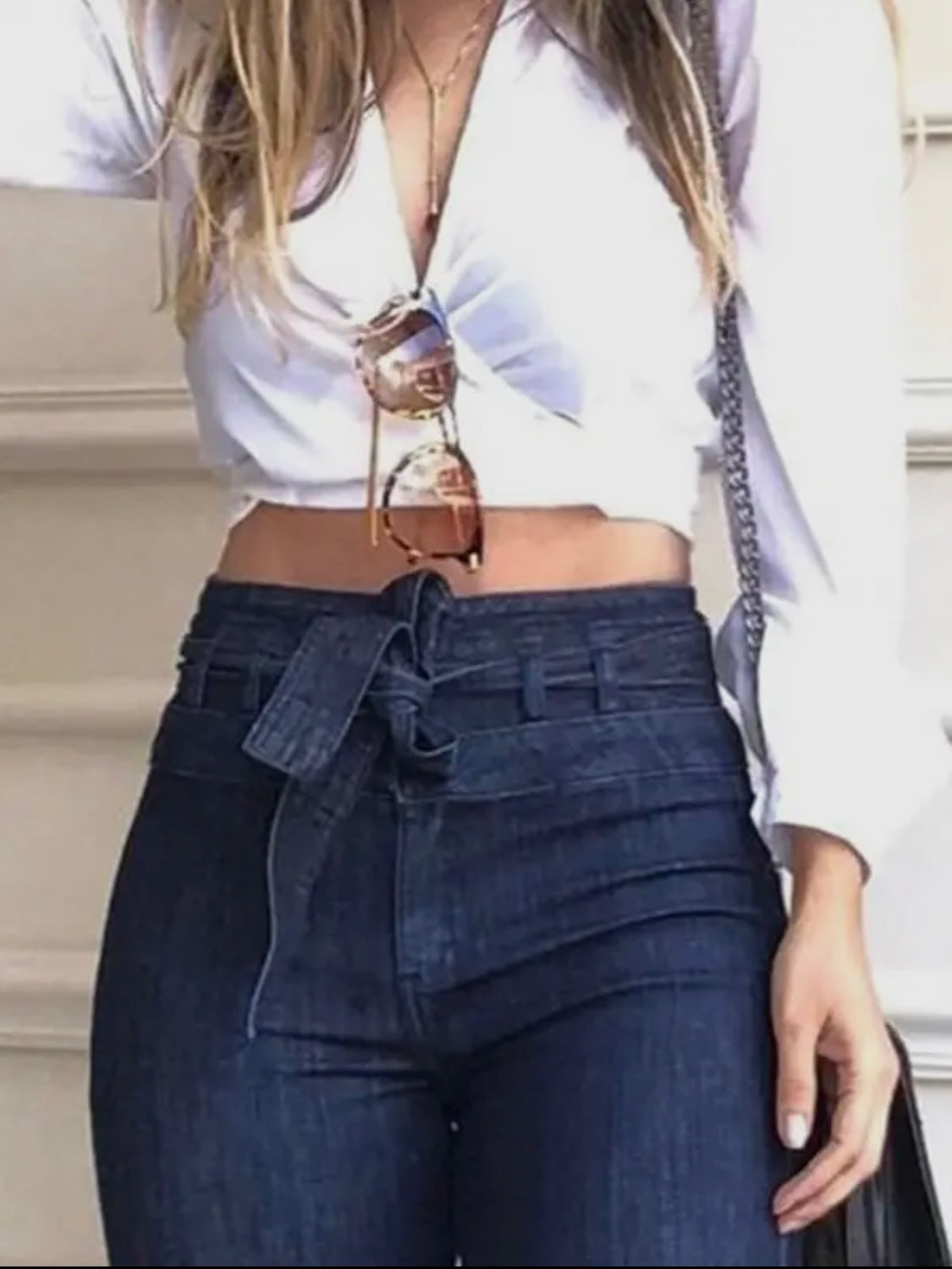 Flared Pants High Waisted Solid Color Tied Waist Jean Pants Bottoms