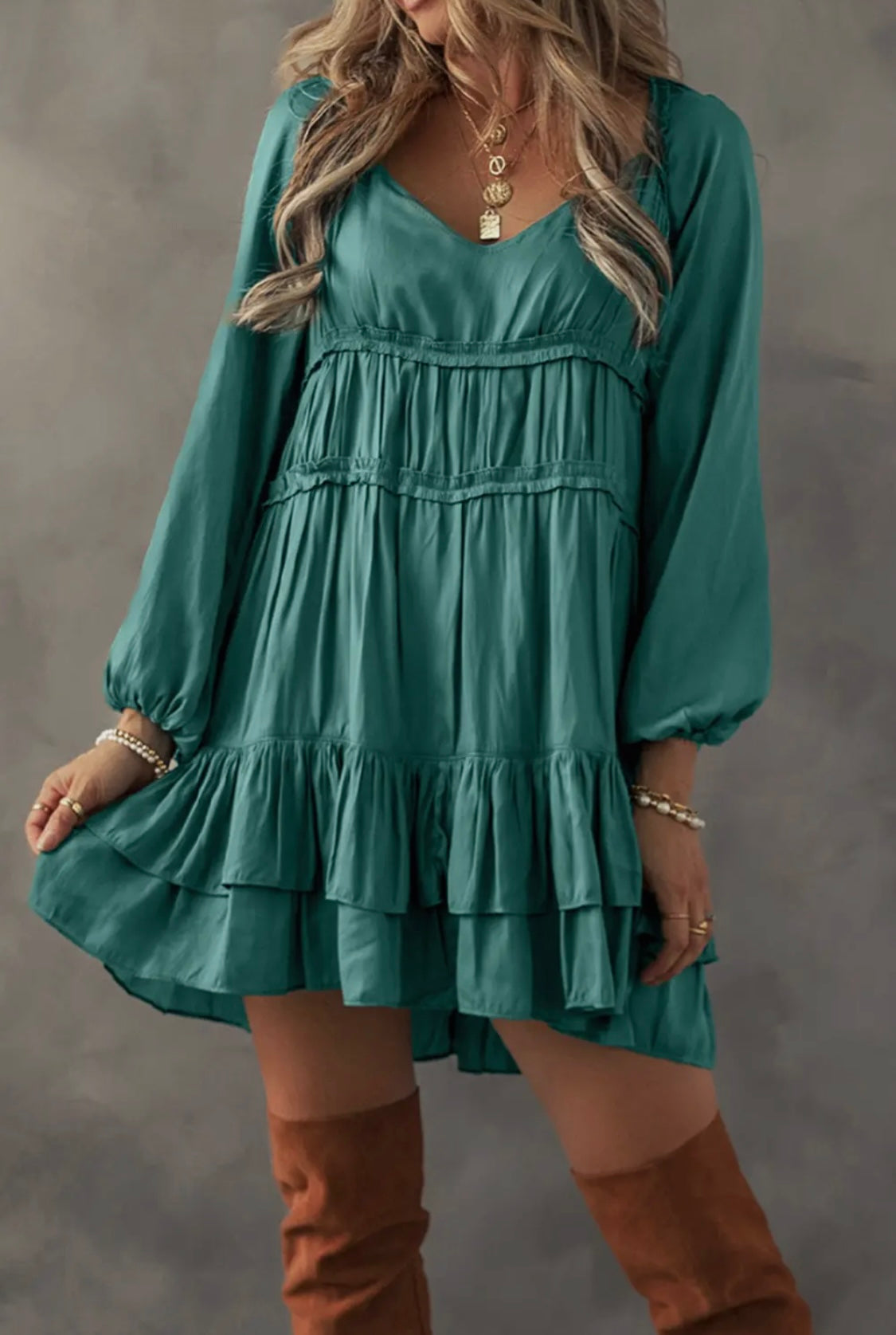 Tiered Ruffled Puff Sleeve Loose Fit Mini Dress