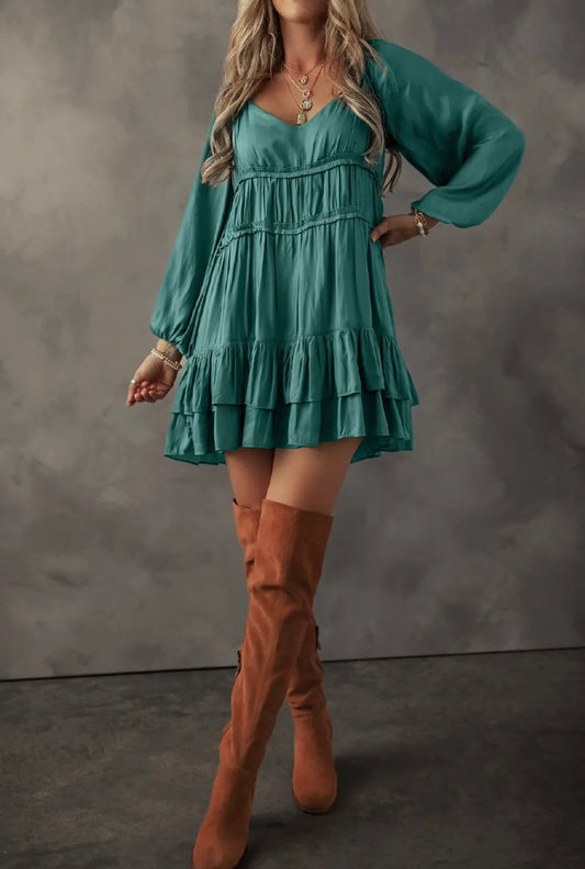 Tiered Ruffled Puff Sleeve Loose Fit Mini Dress