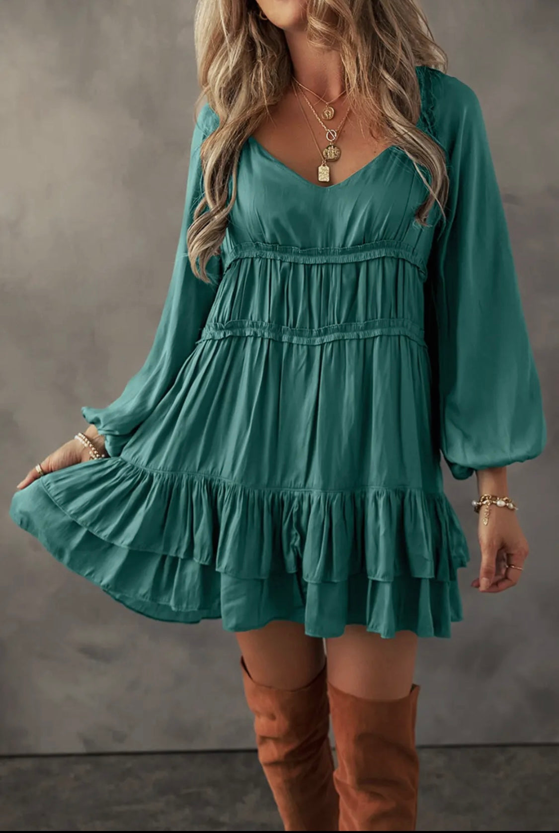 Tiered Ruffled Puff Sleeve Loose Fit Mini Dress