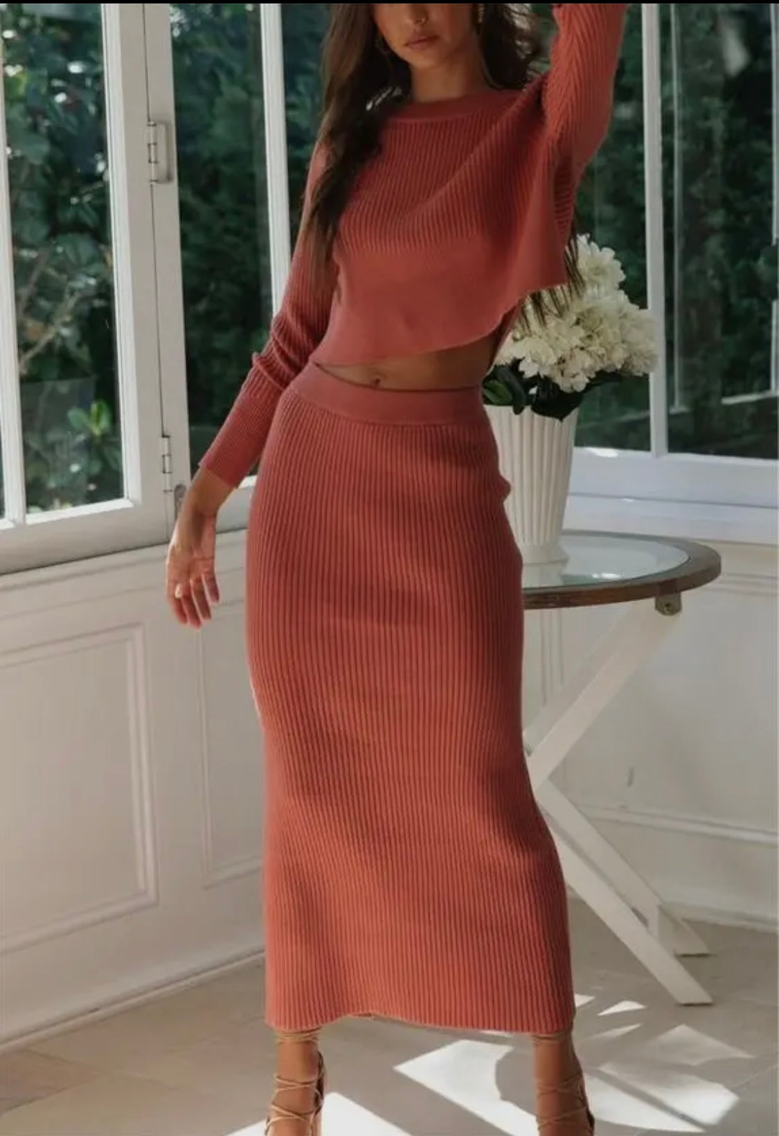 Sweater Knit Slit Long Dress Set