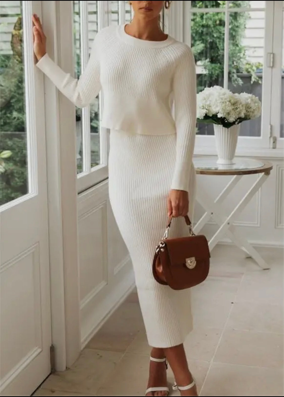 Sweater Knit Slit Long Dress Set