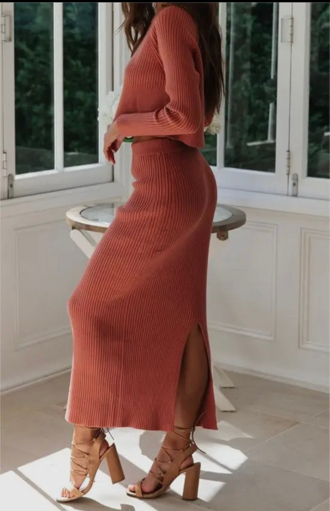 Sweater Knit Slit Long Dress Set