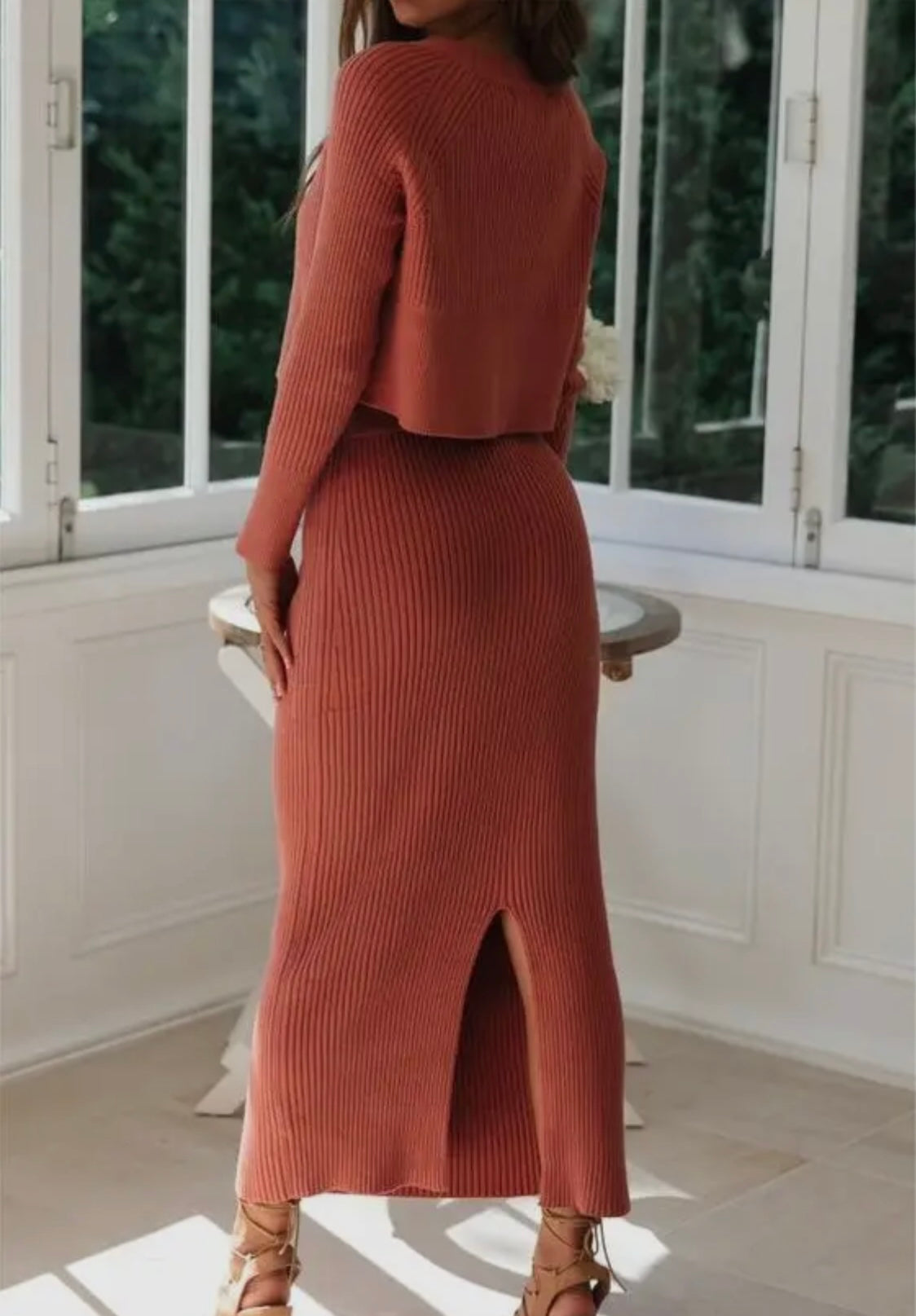 Sweater Knit Slit Long Dress Set