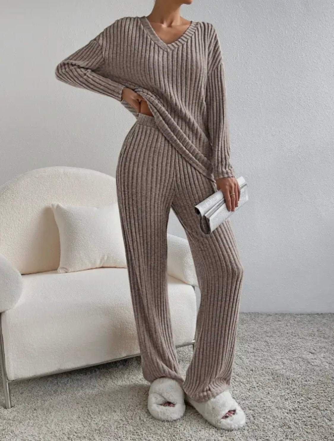 Ribbed Knit Long Sleeve Lounge Pajama Set