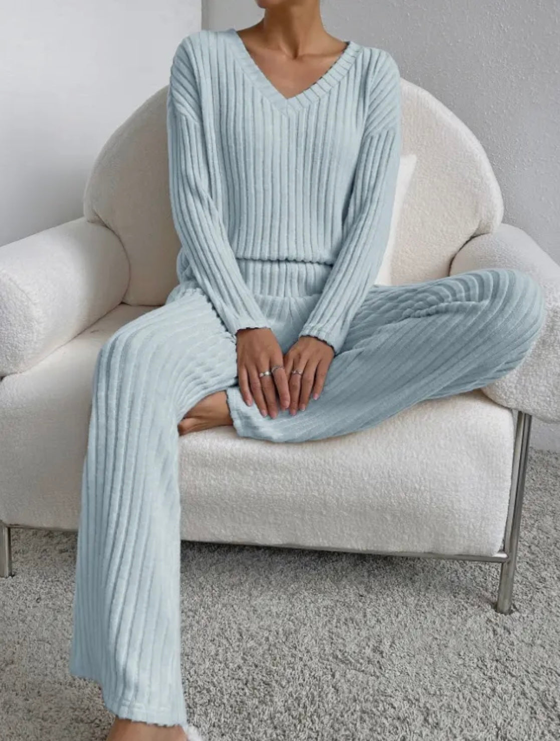 Ribbed Knit Long Sleeve Lounge Pajama Set