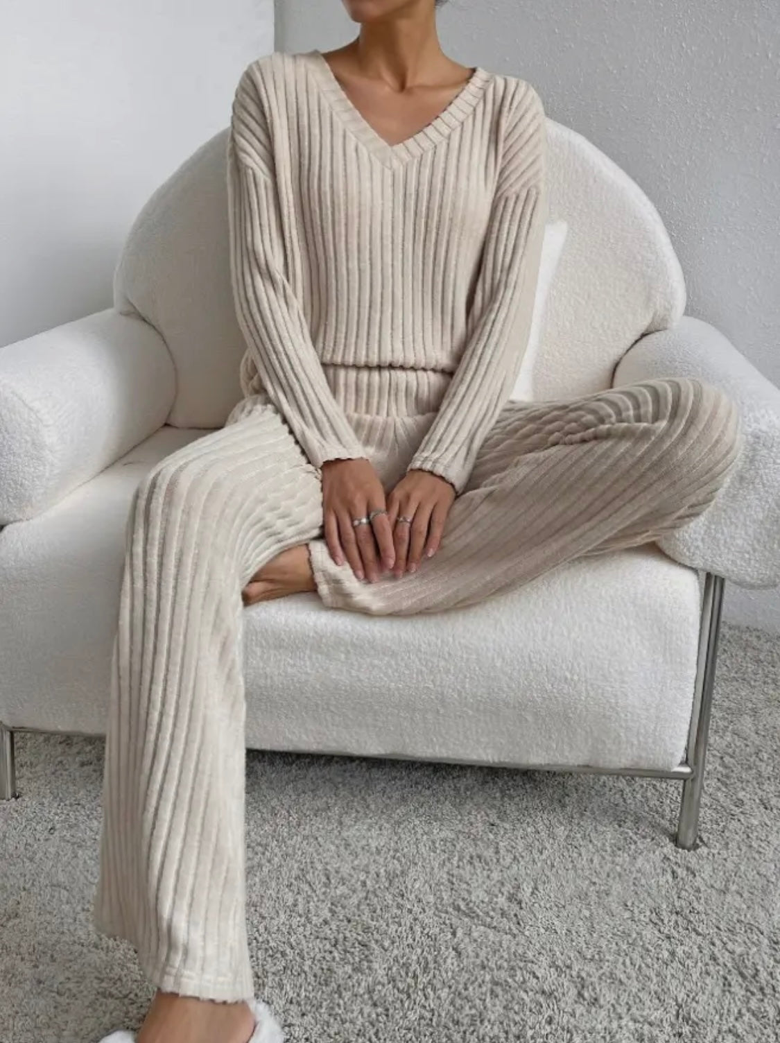 Ribbed Knit Long Sleeve Lounge Pajama Set