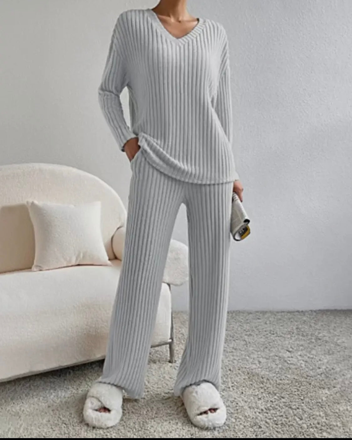 Ribbed Knit Long Sleeve Lounge Pajama Set