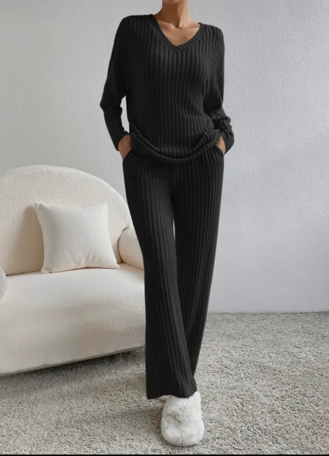 Ribbed Knit Long Sleeve Lounge Pajama Set