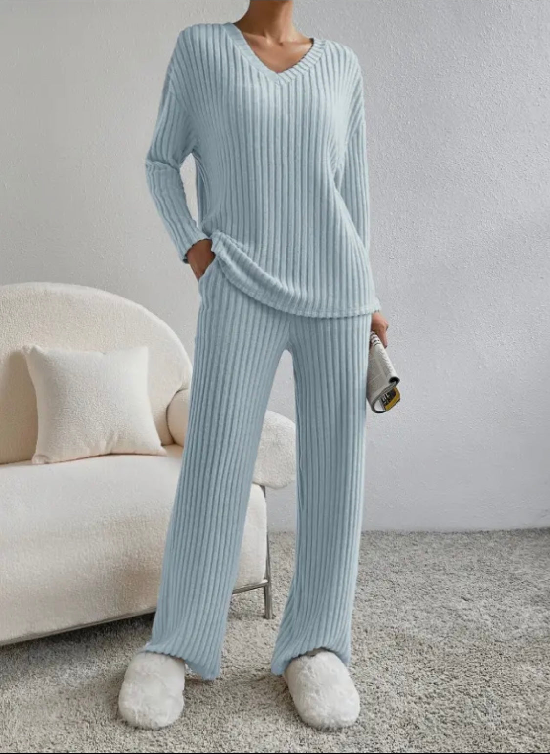 Ribbed Knit Long Sleeve Lounge Pajama Set