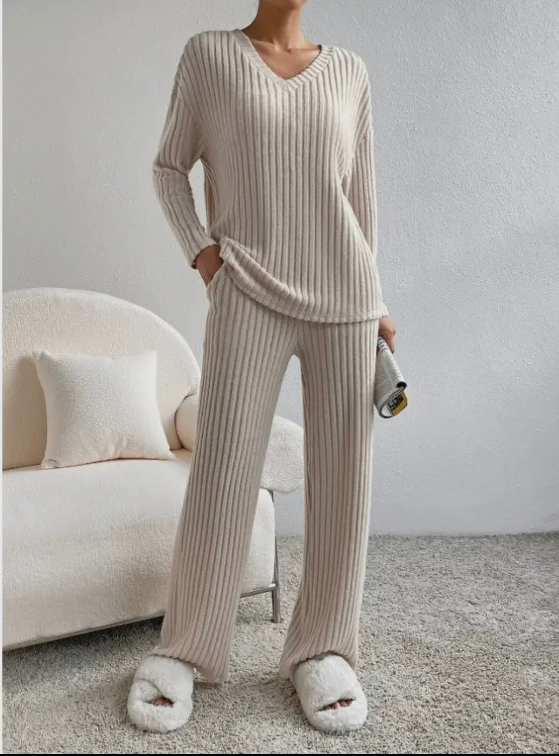 Ribbed Knit Long Sleeve Lounge Pajama Set