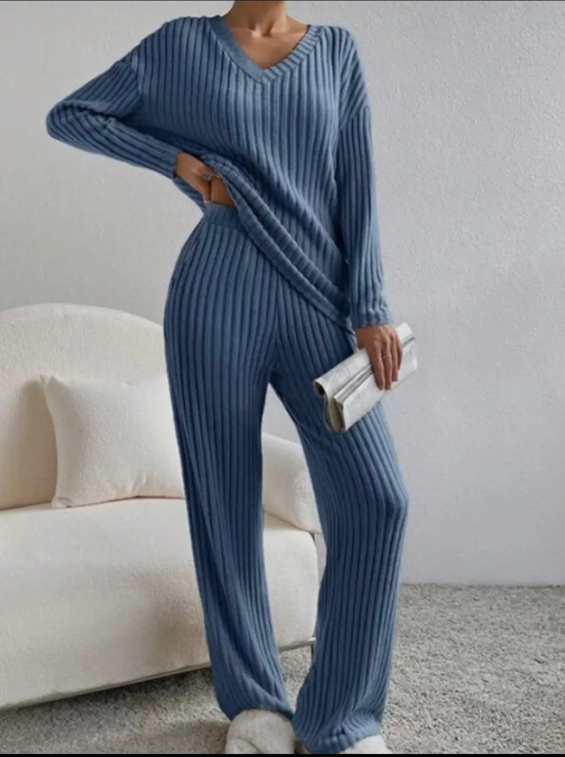 Ribbed Knit Long Sleeve Lounge Pajama Set