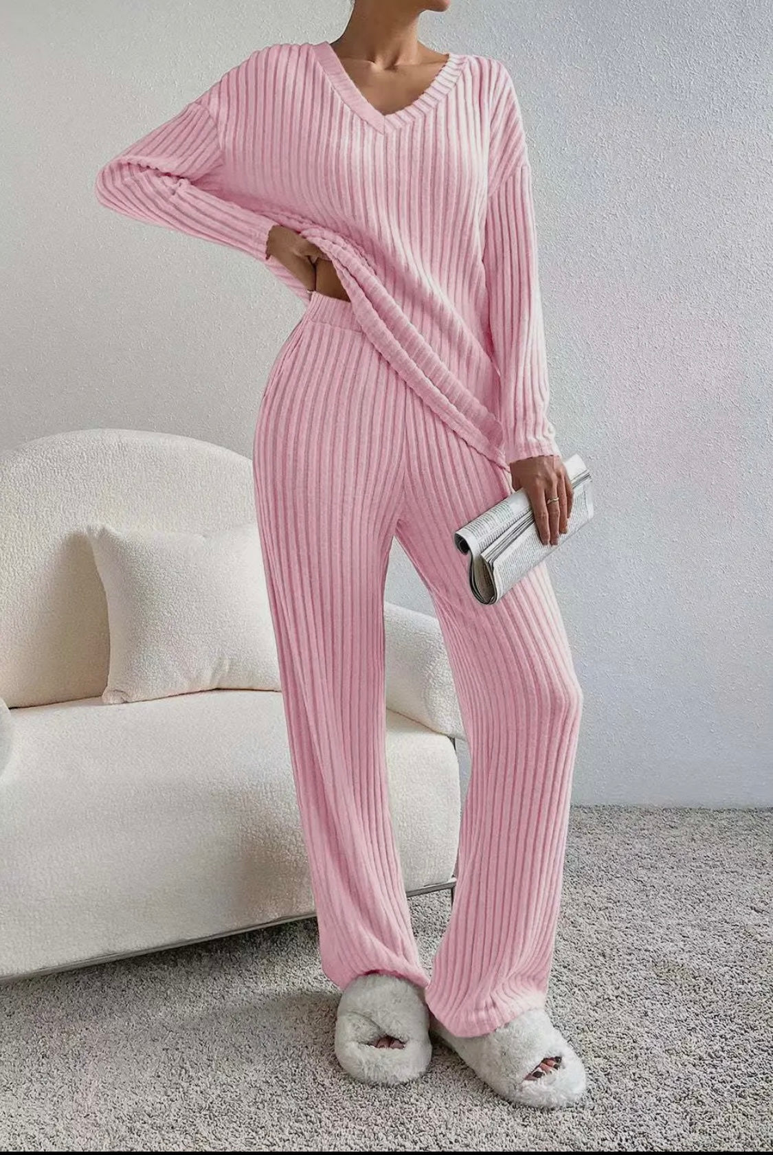 Ribbed Knit Long Sleeve Lounge Pajama Set