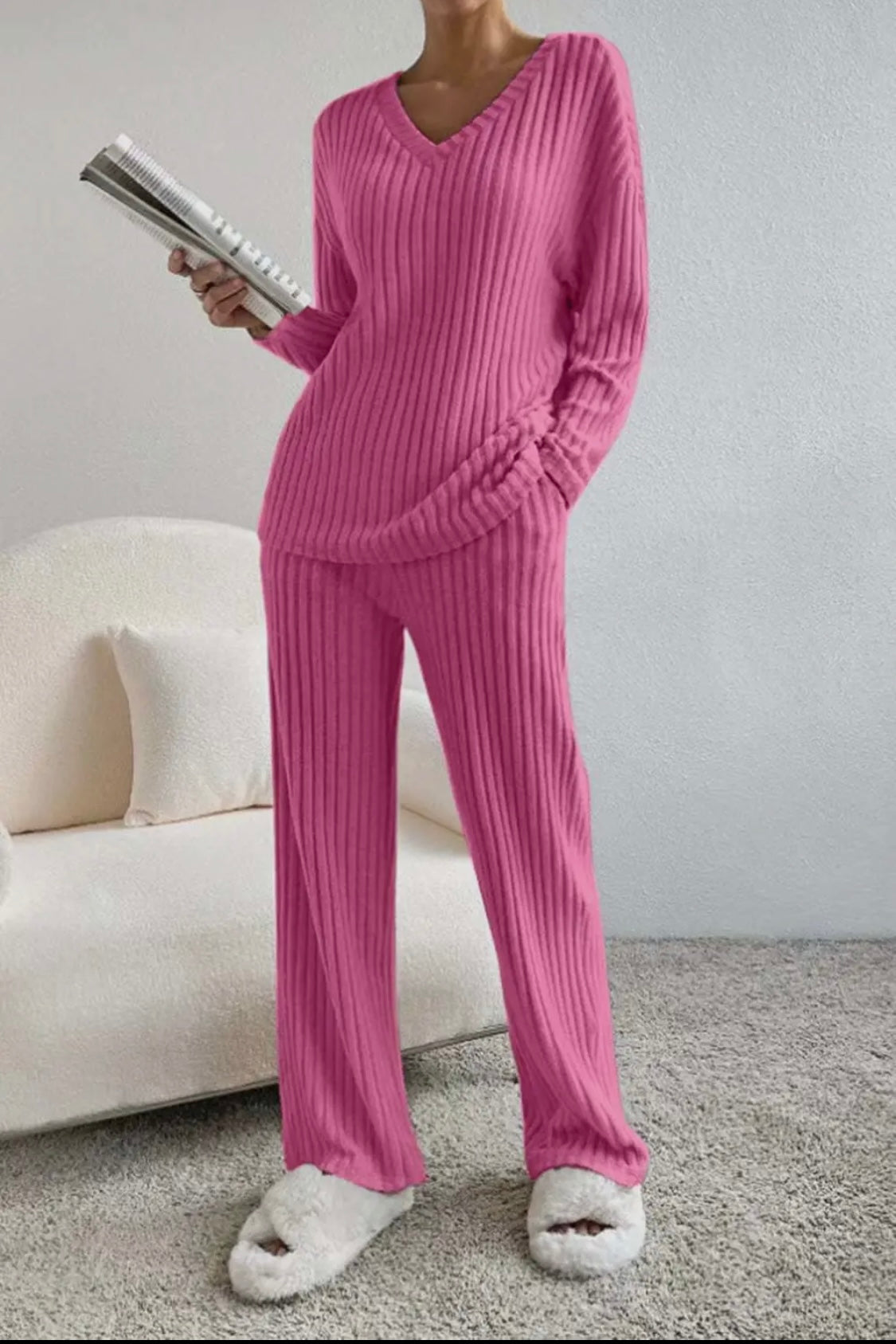 Ribbed Knit Long Sleeve Lounge Pajama Set