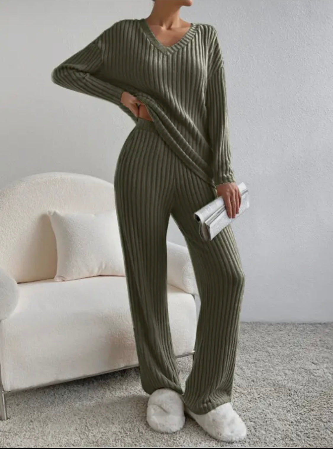 Ribbed Knit Long Sleeve Lounge Pajama Set